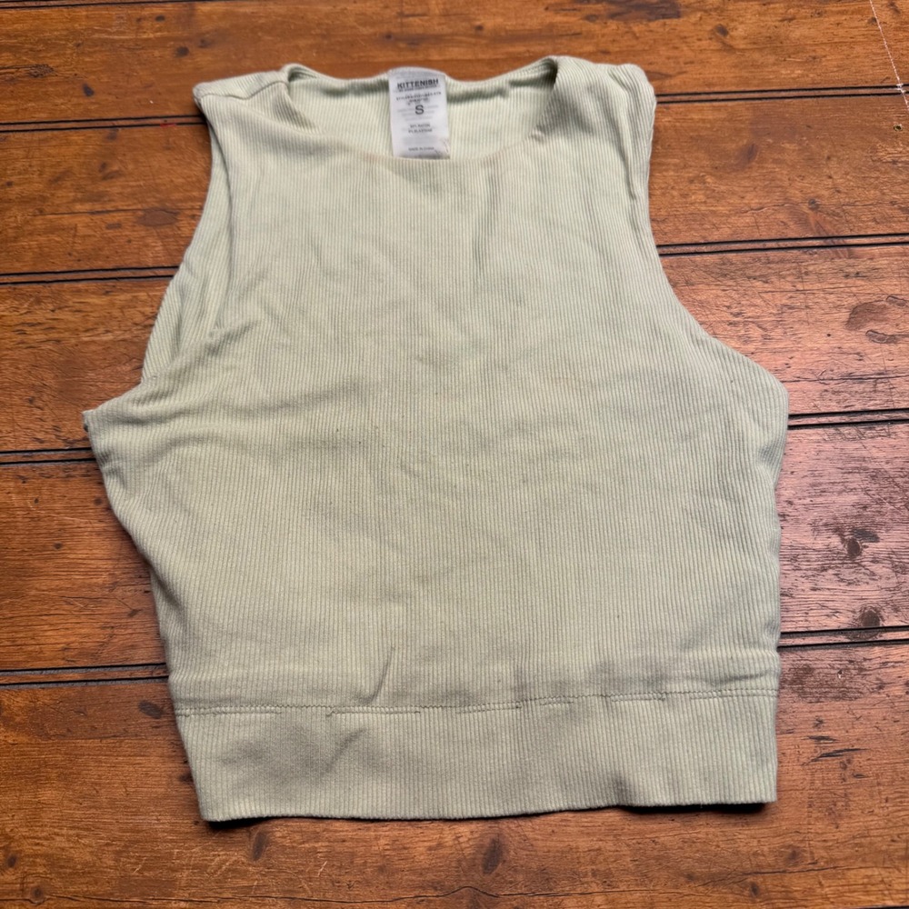 Kittenish Ribbed Cropped Tank Top Women's S Sage Green Sleeveless Knit flaw